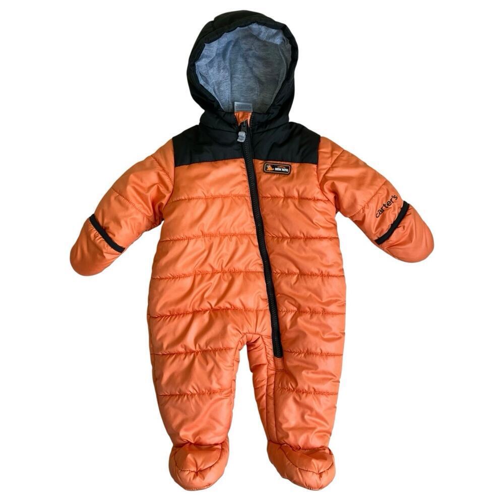 Carter’s Baby Sz 6-9mo Puffer Bunting Hooded Snowsuit Orange Brown Zip-up Warm